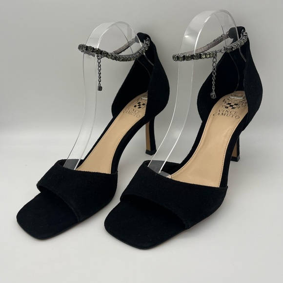 Vince Camuto - Evensa Black Suede 3” Open-Toe Heels Ankle Bracelet Straps NEW - Picture 3 of 9